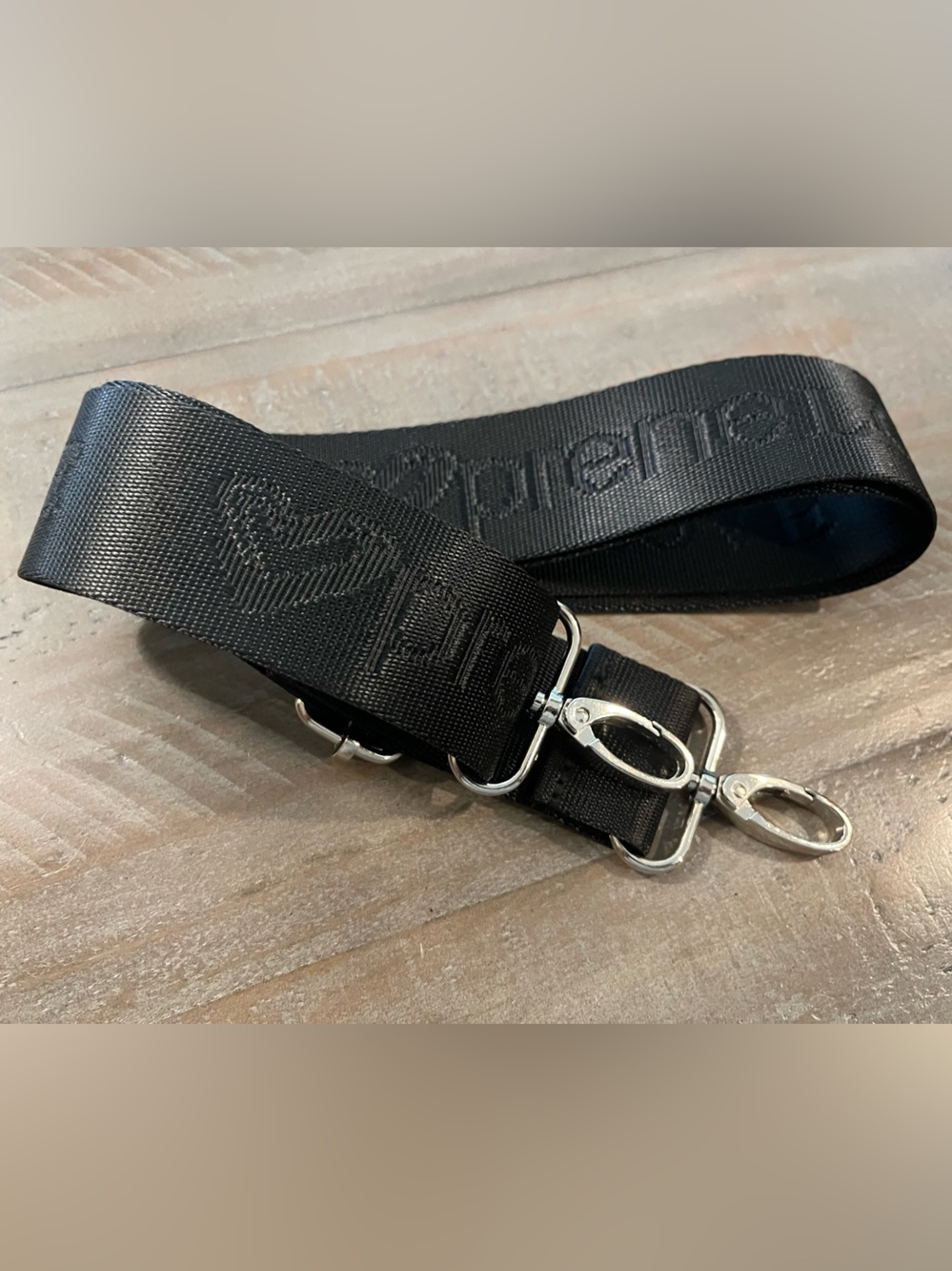 Black Woven Nylon Branded Crossbody Strap with Silver Hardware